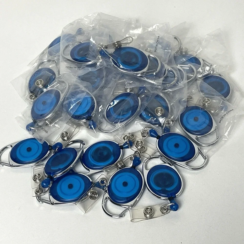 25 Pack Premium Retractable Reel Carabiner Badge ID Holder Blue Silver
